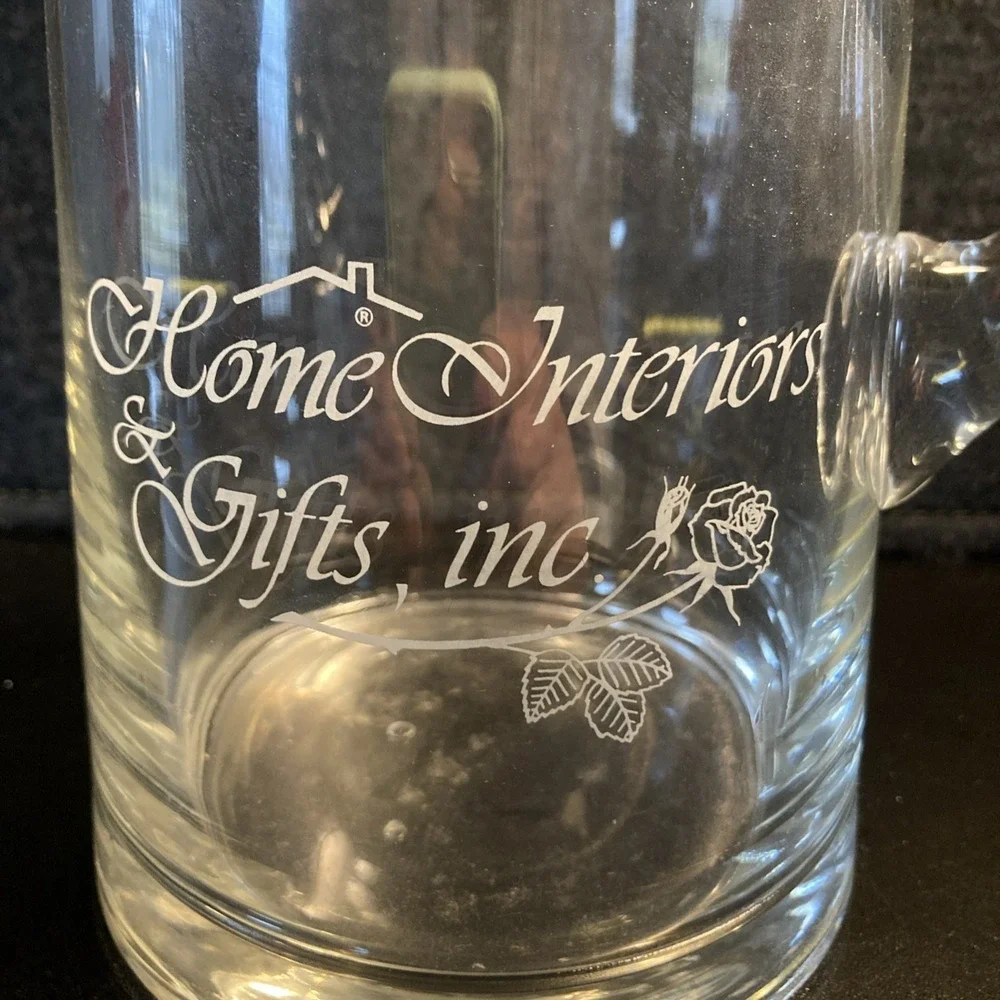 Vintage Home Interiors & Gifts Inc Glass Pitcher Etched‎ Logo Clear Glass